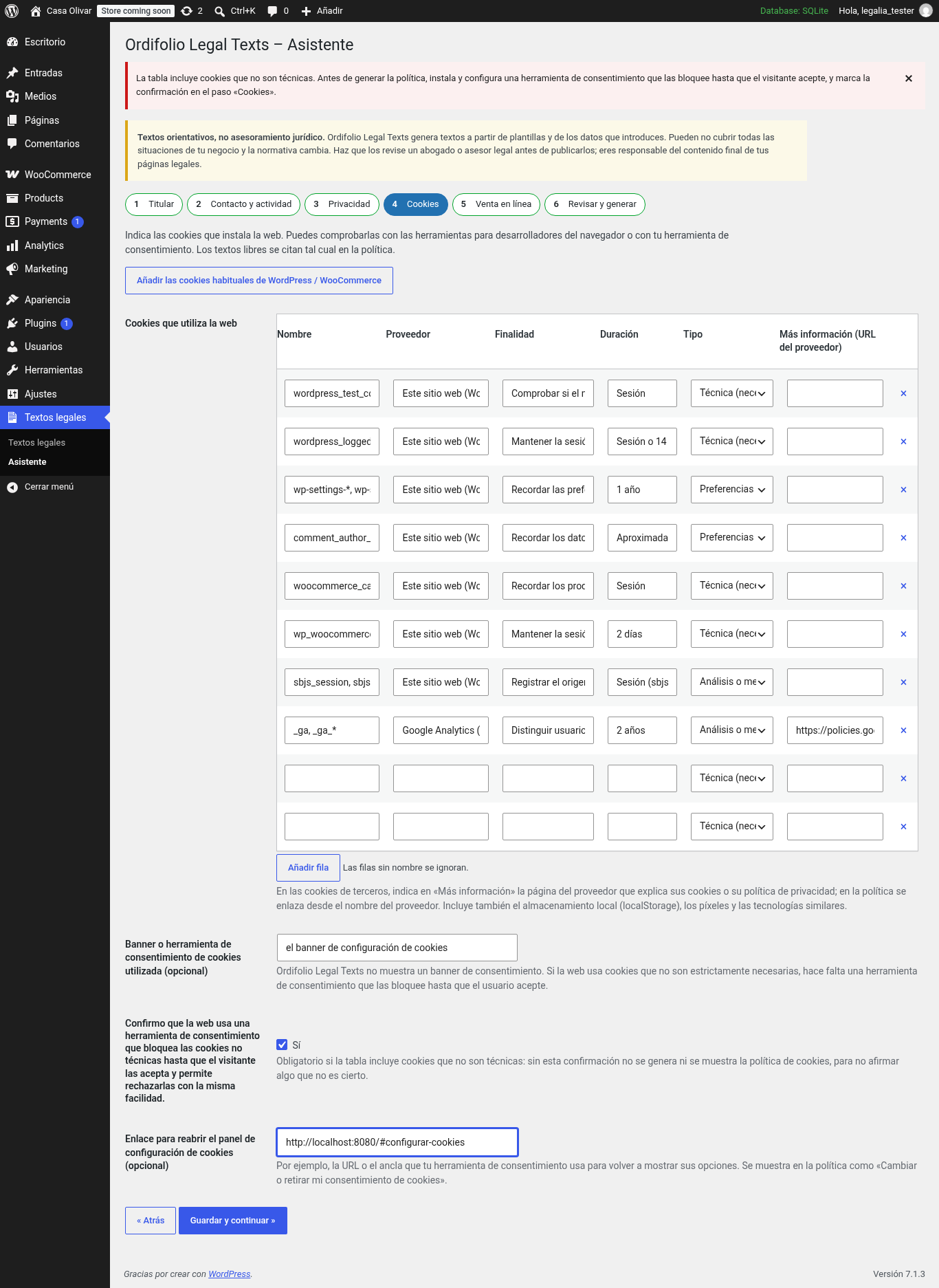 Cookie step: editable cookie table and the consent-tool confirmation.