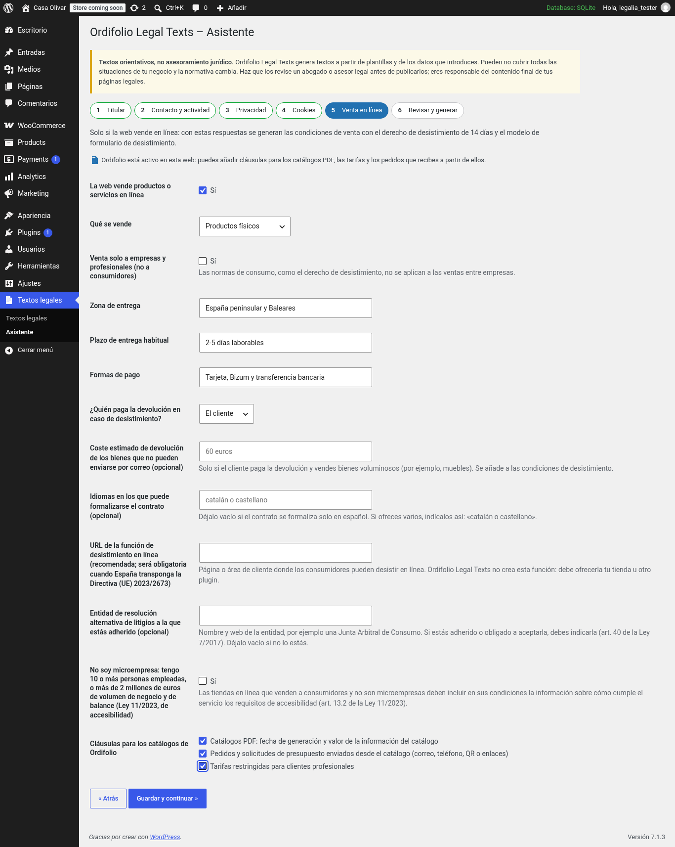 Online sales step, with the optional clauses offered when Ordifolio is active.