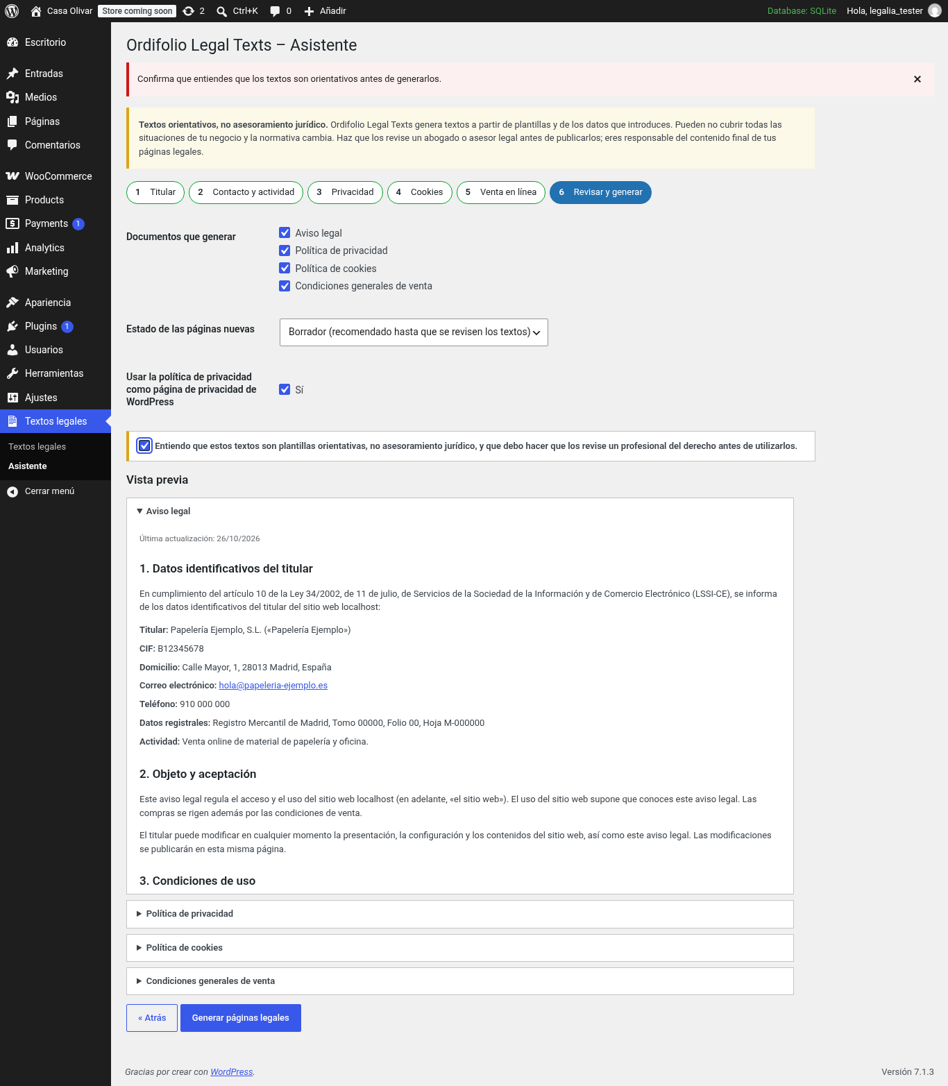 Review step: acknowledgement and preview before generating the pages.