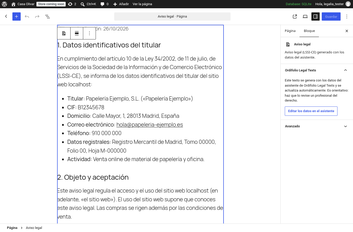 Legal text block in the block editor.