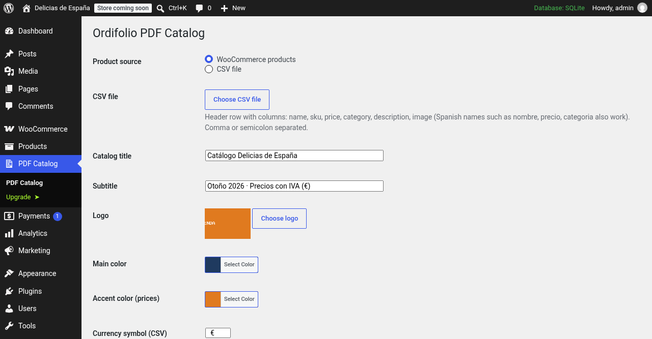 Settings screen: product source (WooCommerce or CSV), logo, brand colors and template.