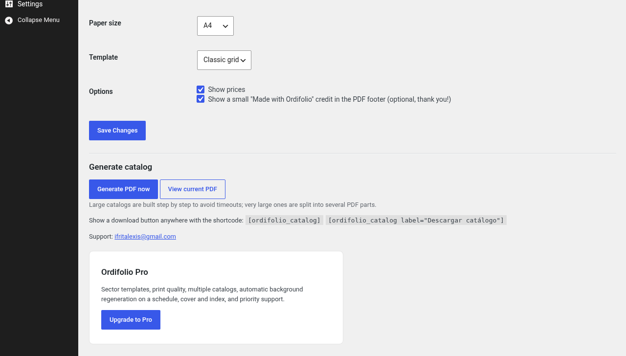 Generate the catalog in one click and copy the download shortcode.