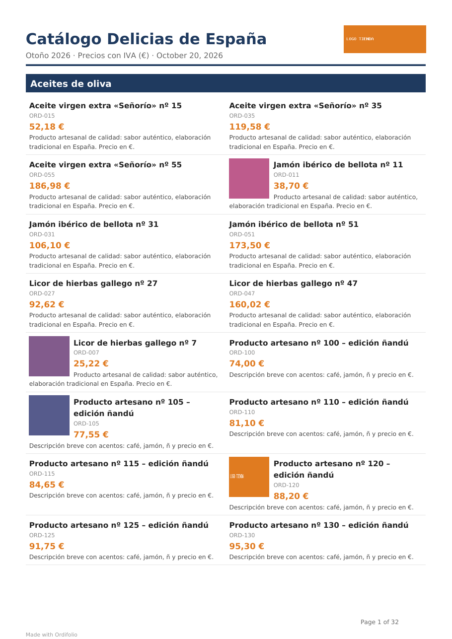 Generated PDF catalog: products grouped by category with images, SKU and prices (UTF-8: accents, ñ, €).