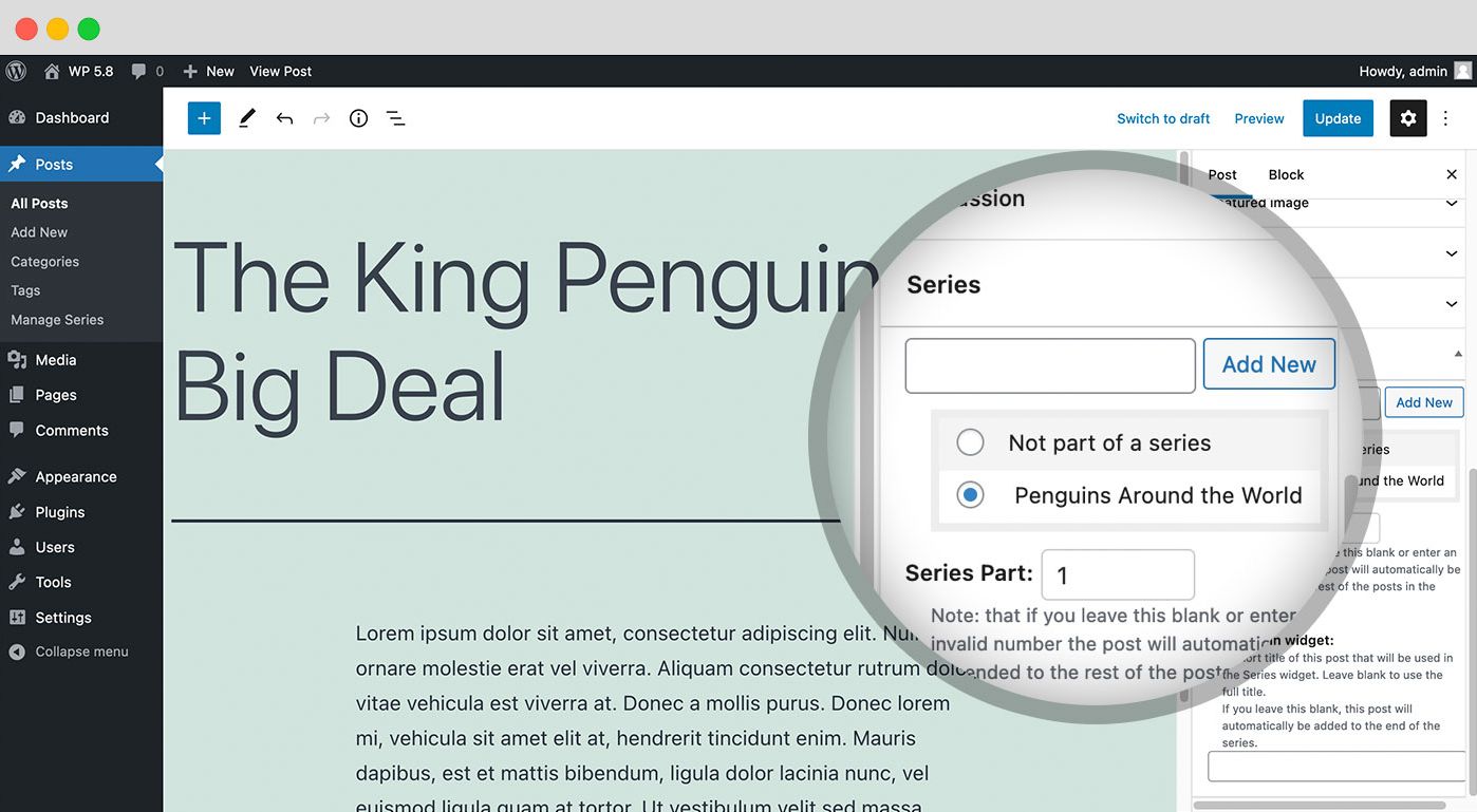 When you're writing a post, you can easily add a post to an existing series, or start a new series.