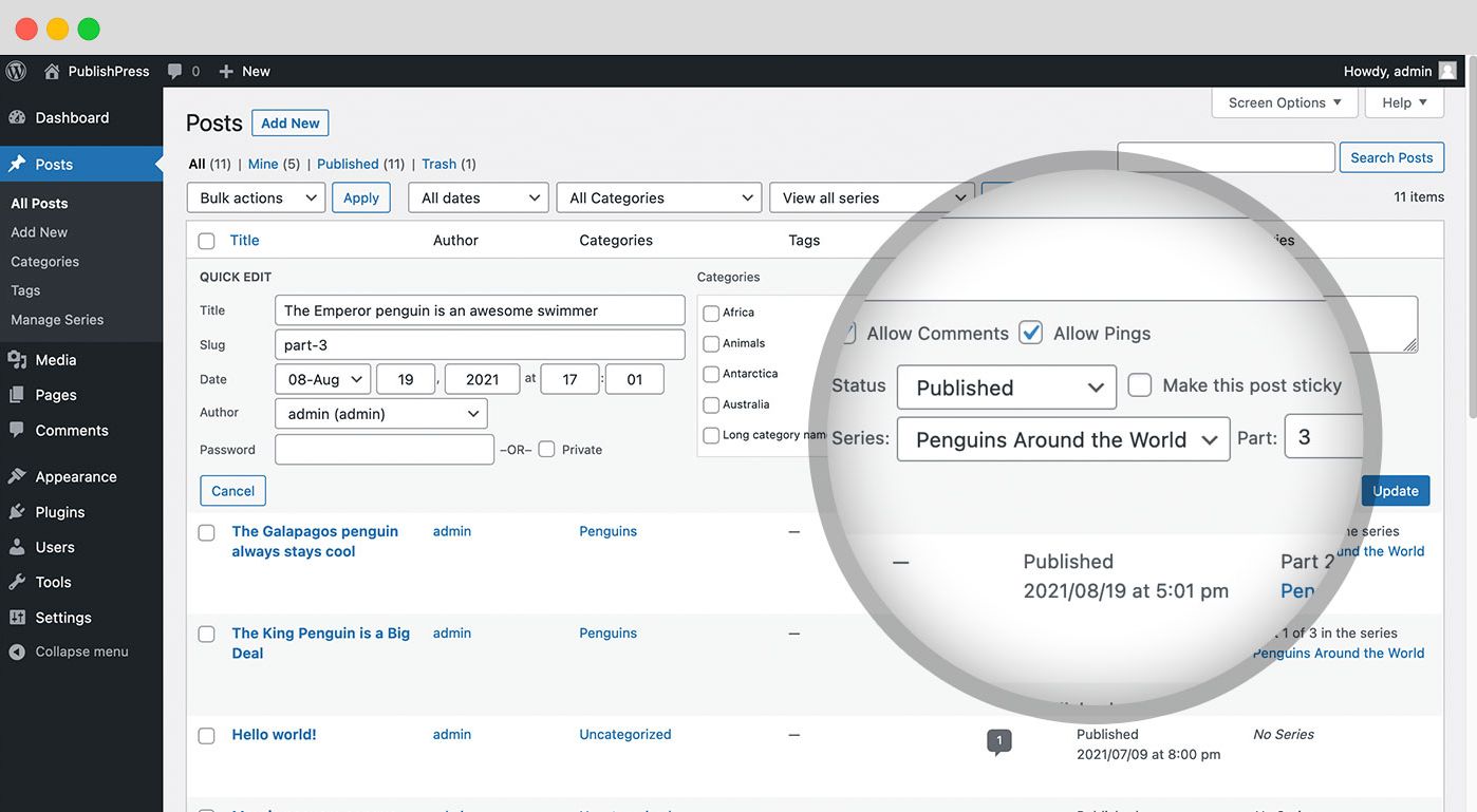 Integration with the Posts List table - it's easy to keep track of what posts have been added to a series.