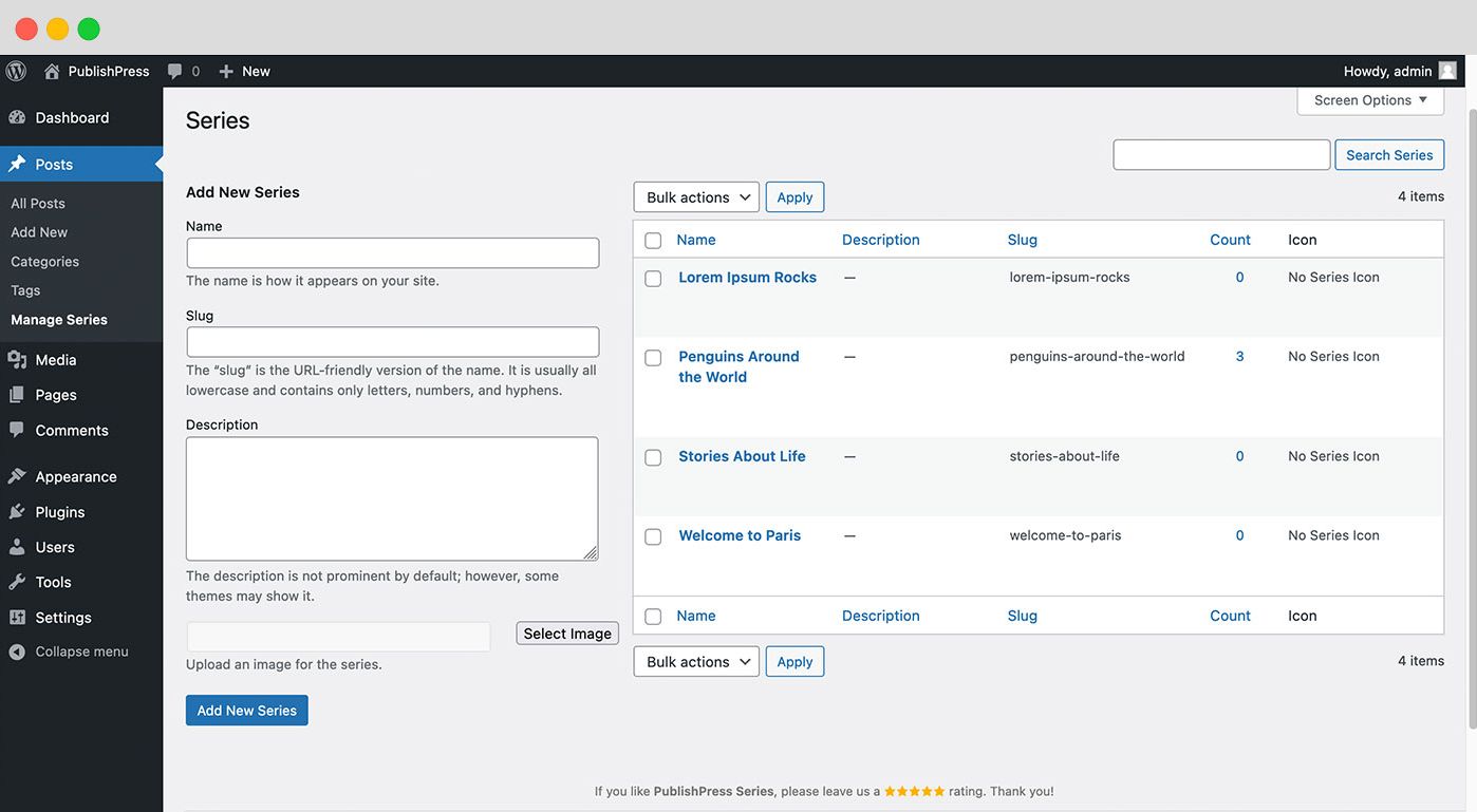 Add, delete, edit all your series on one handy dandy page. You can also upload/select images to associate with the series.