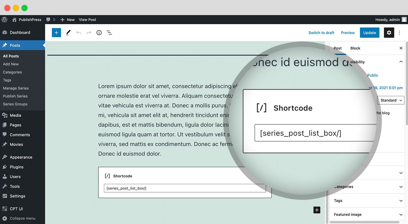 The Pro version of PublishPress Series provides a set of WordPress “shortcodes” that provide users a way to easily insert various series information into their posts.