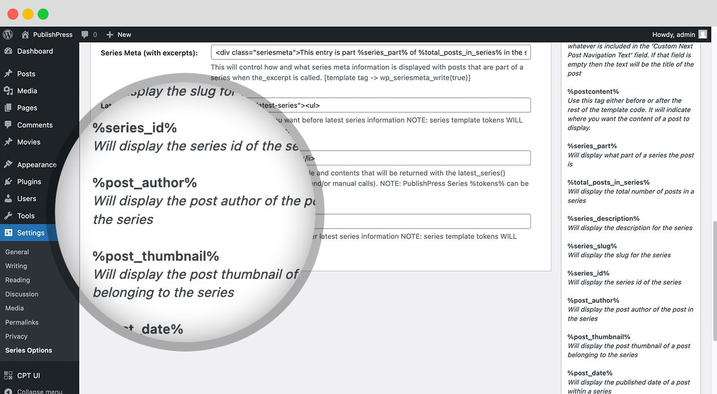 <p>The Pro version provides additional tokens to use in the series options page for customizing various series templates.</p>