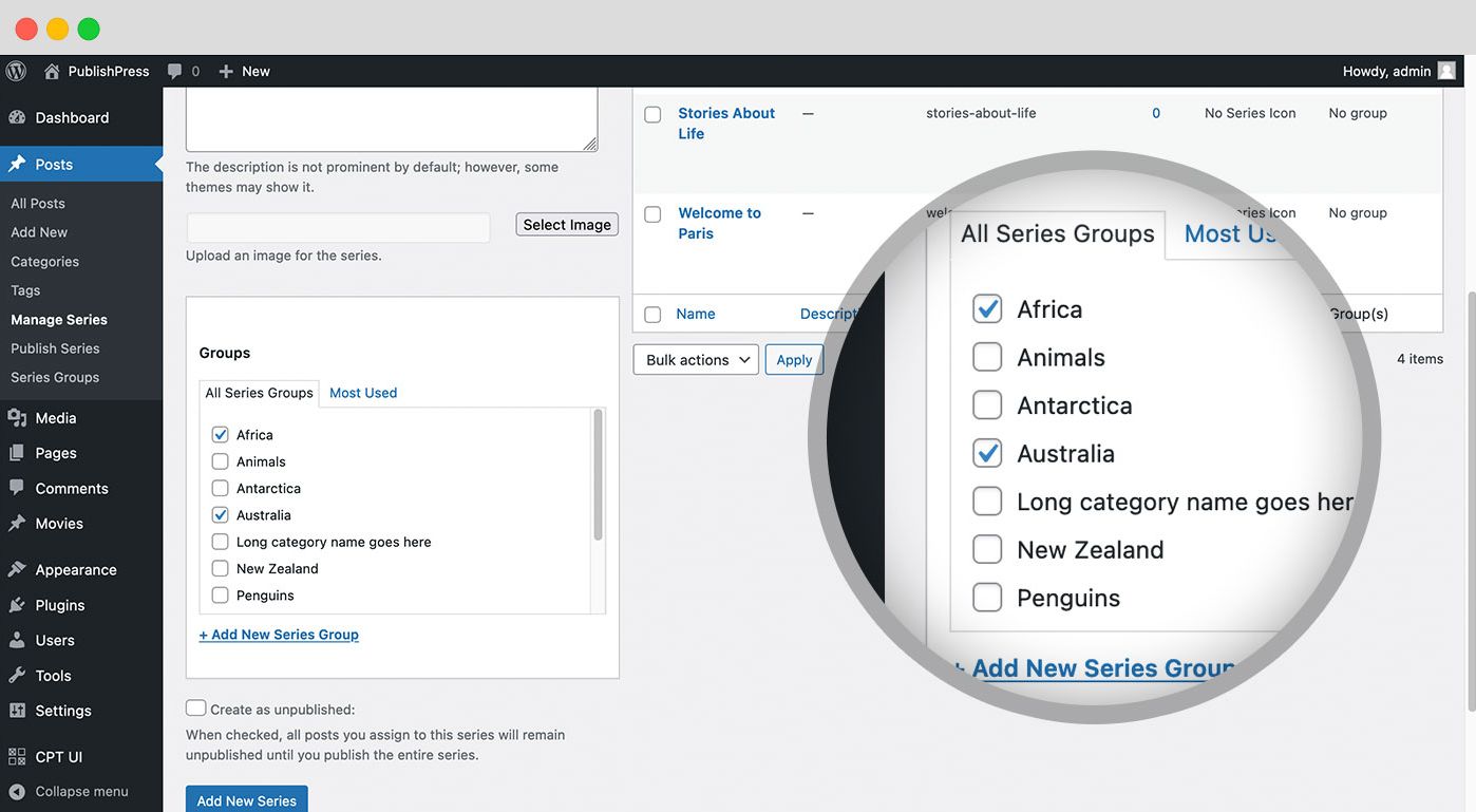 <p>The PublishPress Series core plugin groups posts together in series. The Pro version gives the ability to put series together in groups.</p>