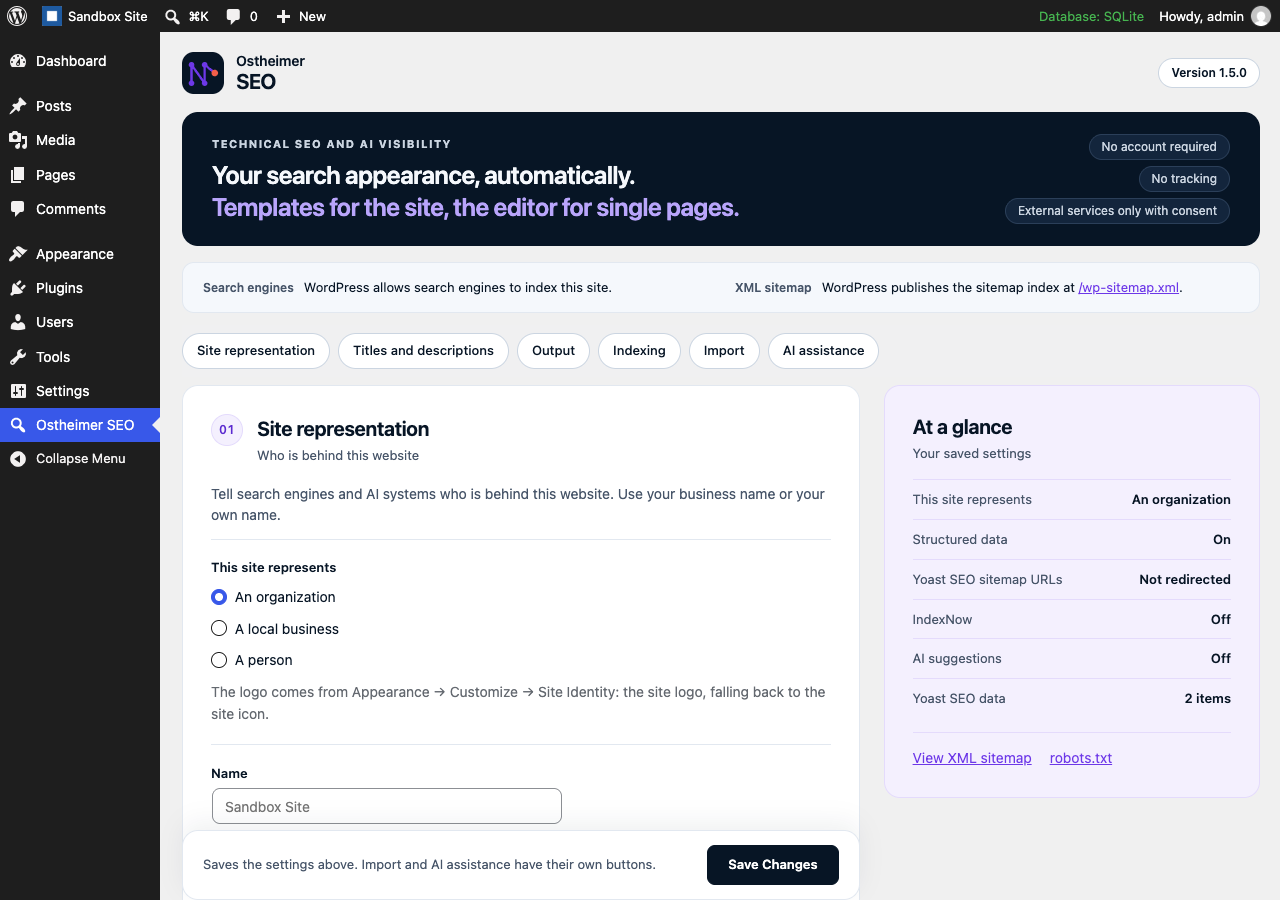 The settings page: status line, section navigation, numbered sections and an at-a-glance summary of the saved settings.