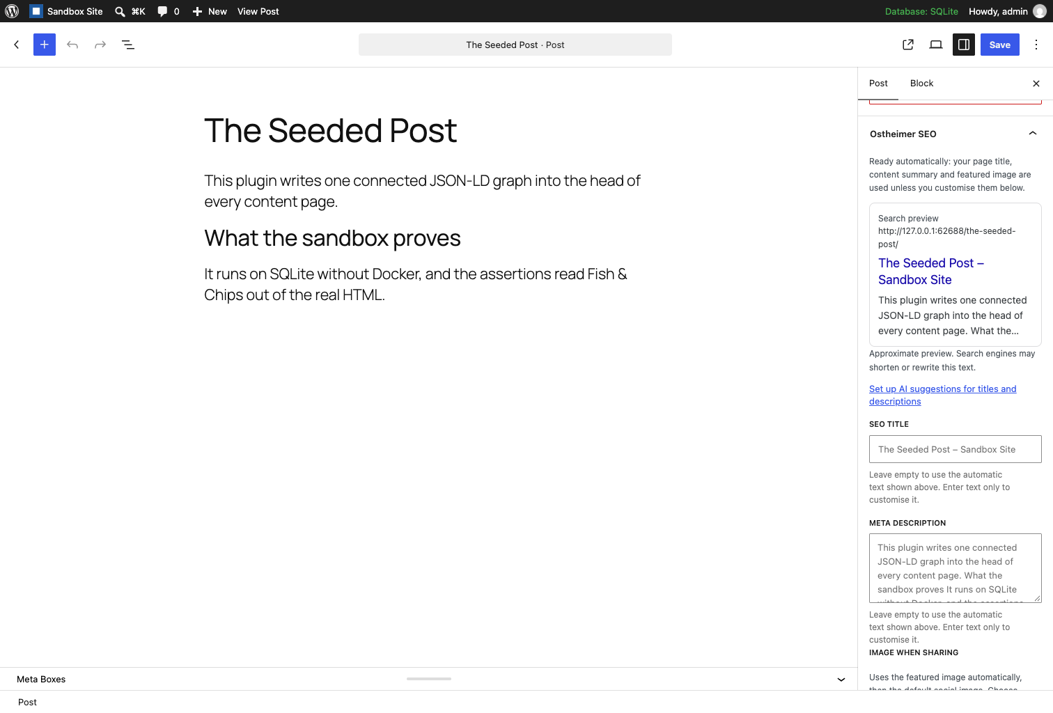 SEO fields and search preview in the block editor.