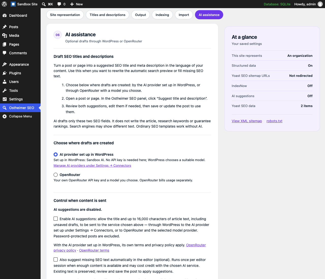 AI assistance: drafts created by the AI provider set up in WordPress or through your own OpenRouter key.
