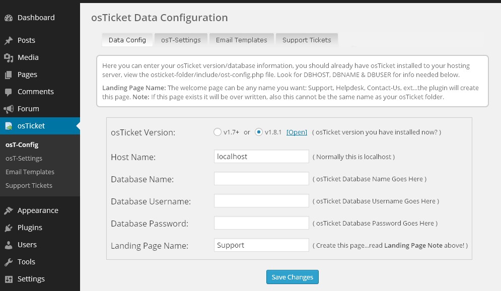 Wordpress Dashboard-->osTicket-->osT-Config