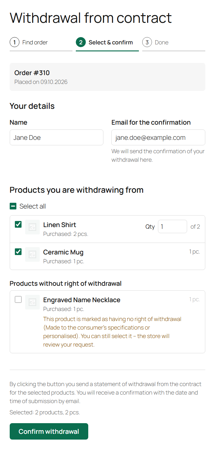 Step 2 – the customer selects products and confirms the withdrawal.