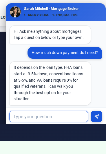 Live conversation on desktop. Visitor asked a question and received an instant answer from the built-in mortgage Q&A. User bubble in blue, bot answer in white.