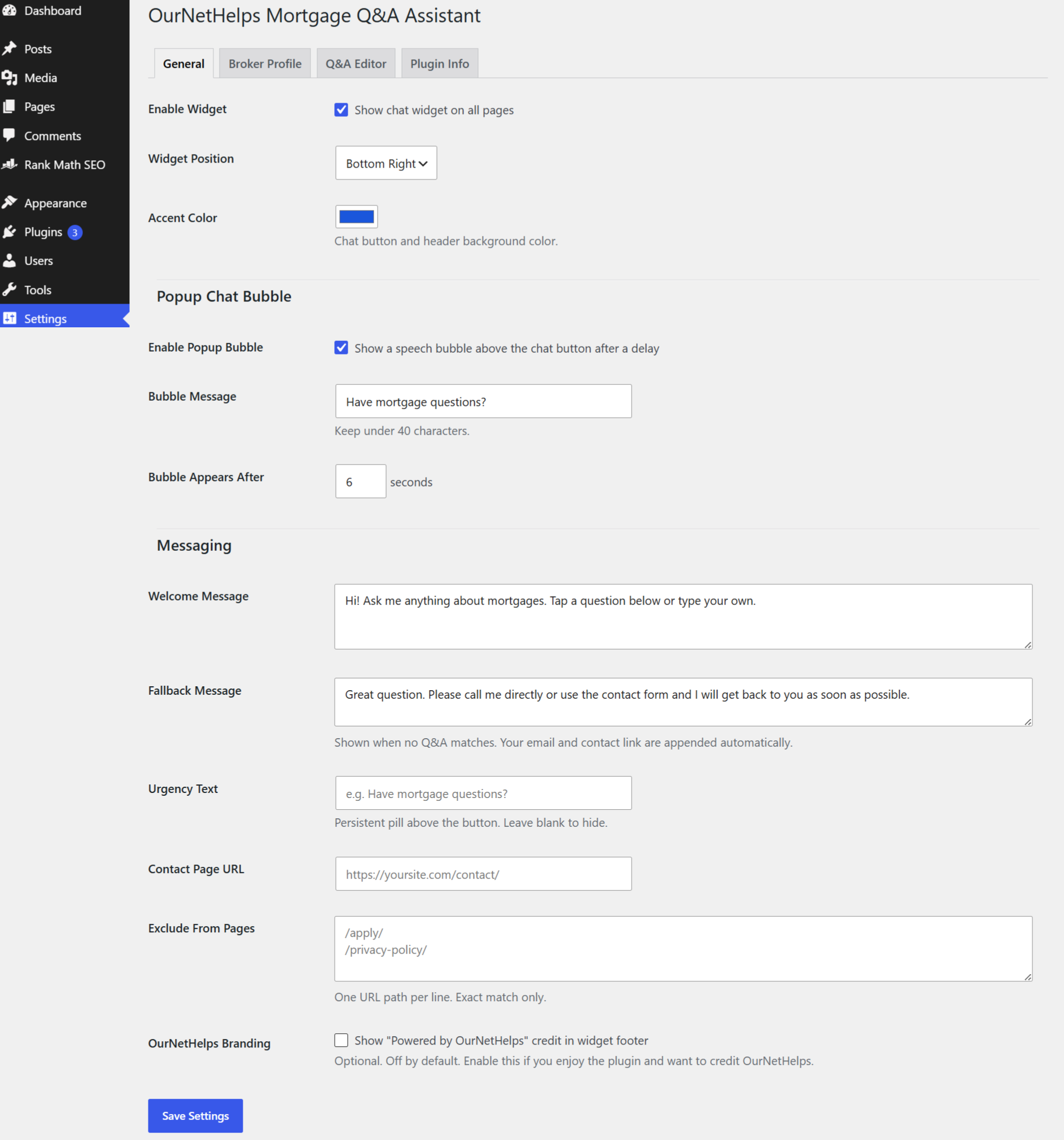 General settings tab showing Enable Widget, Widget Position, Accent Color, Popup Chat Bubble configuration, Welcome Message, Fallback Message, Urgency Text, Contact Page URL, Exclude From Pages, and the OurNetHelps Branding checkbox.