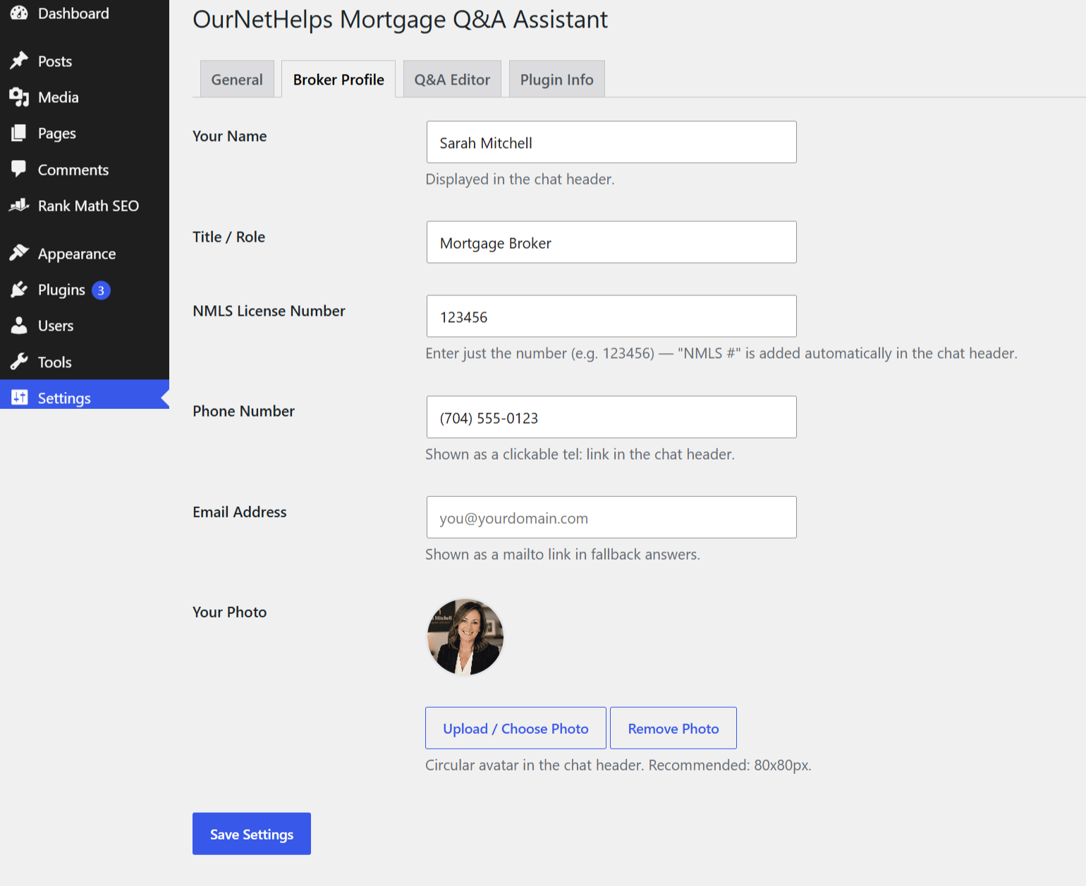 Broker Profile tab showing name, title, NMLS License Number with auto-prefix note, Phone Number as a clickable tel link, Email Address, and circular photo upload with preview.