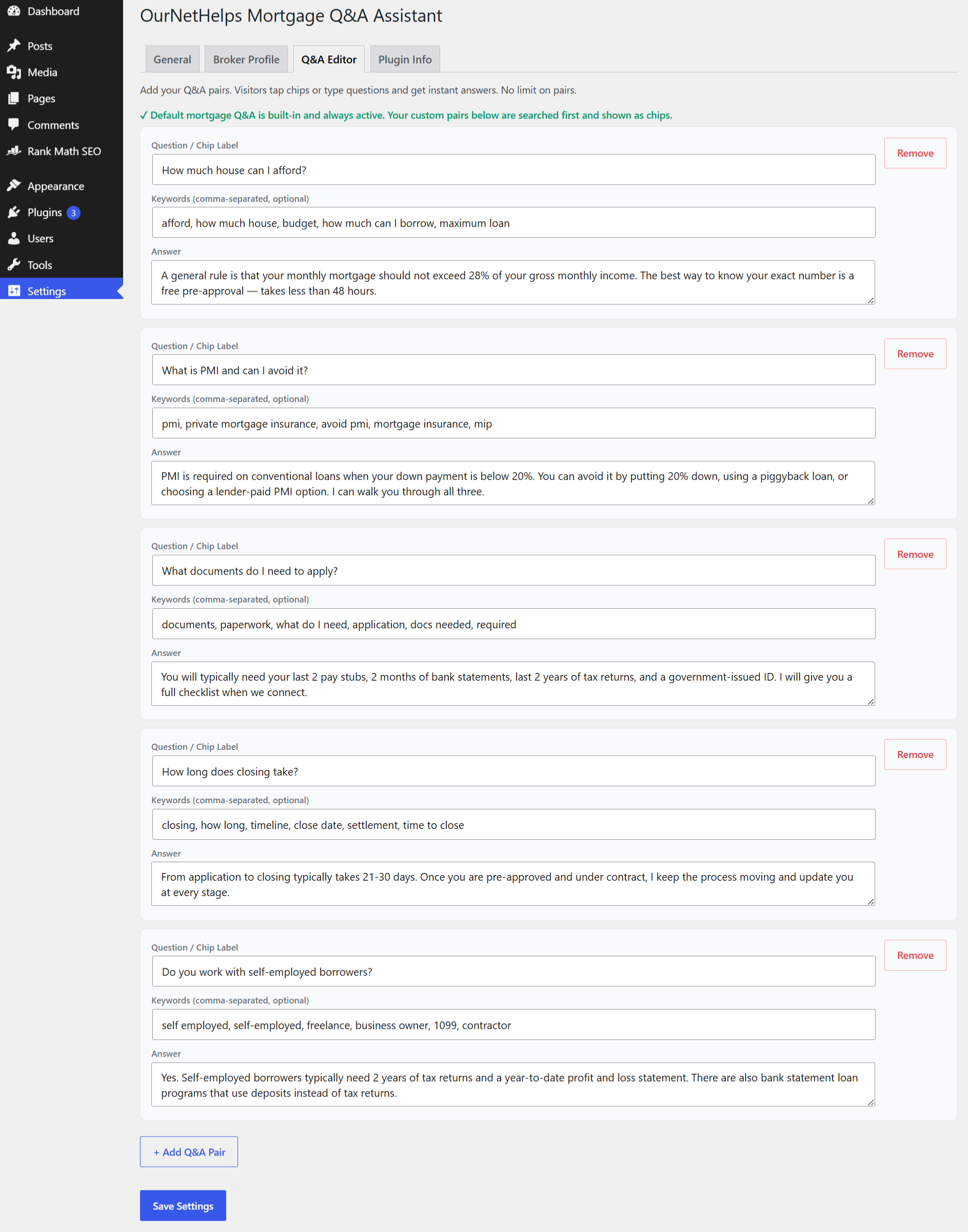 Q&A Editor tab with 5 custom pairs filled in, showing question chip labels, keyword fields, and answers. The + Add Q&A Pair button is visible at the bottom.