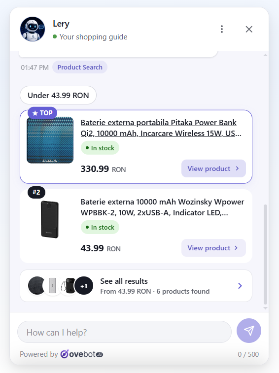 The AI chat widget answering a customer question and recommending in-stock products from the store's catalog.