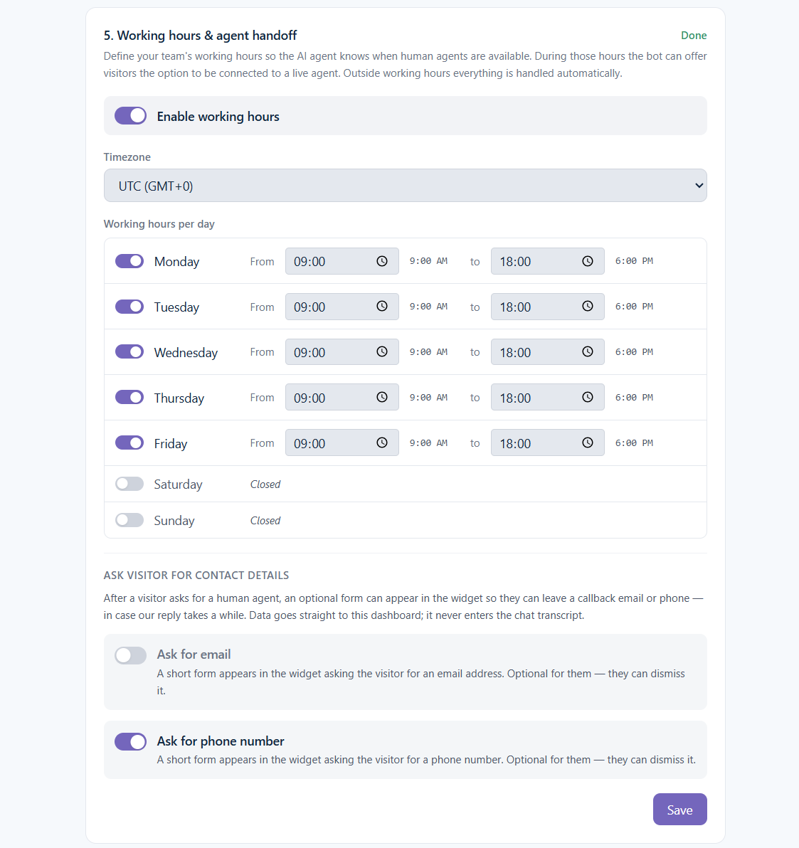 Working hours and human handover — when the AI can offer to connect a visitor to a live agent.