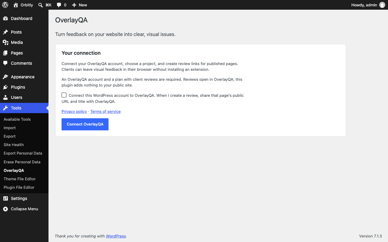 Connect your OverlayQA account from Tools > OverlayQA. Nothing is sent until you check the box and connect.