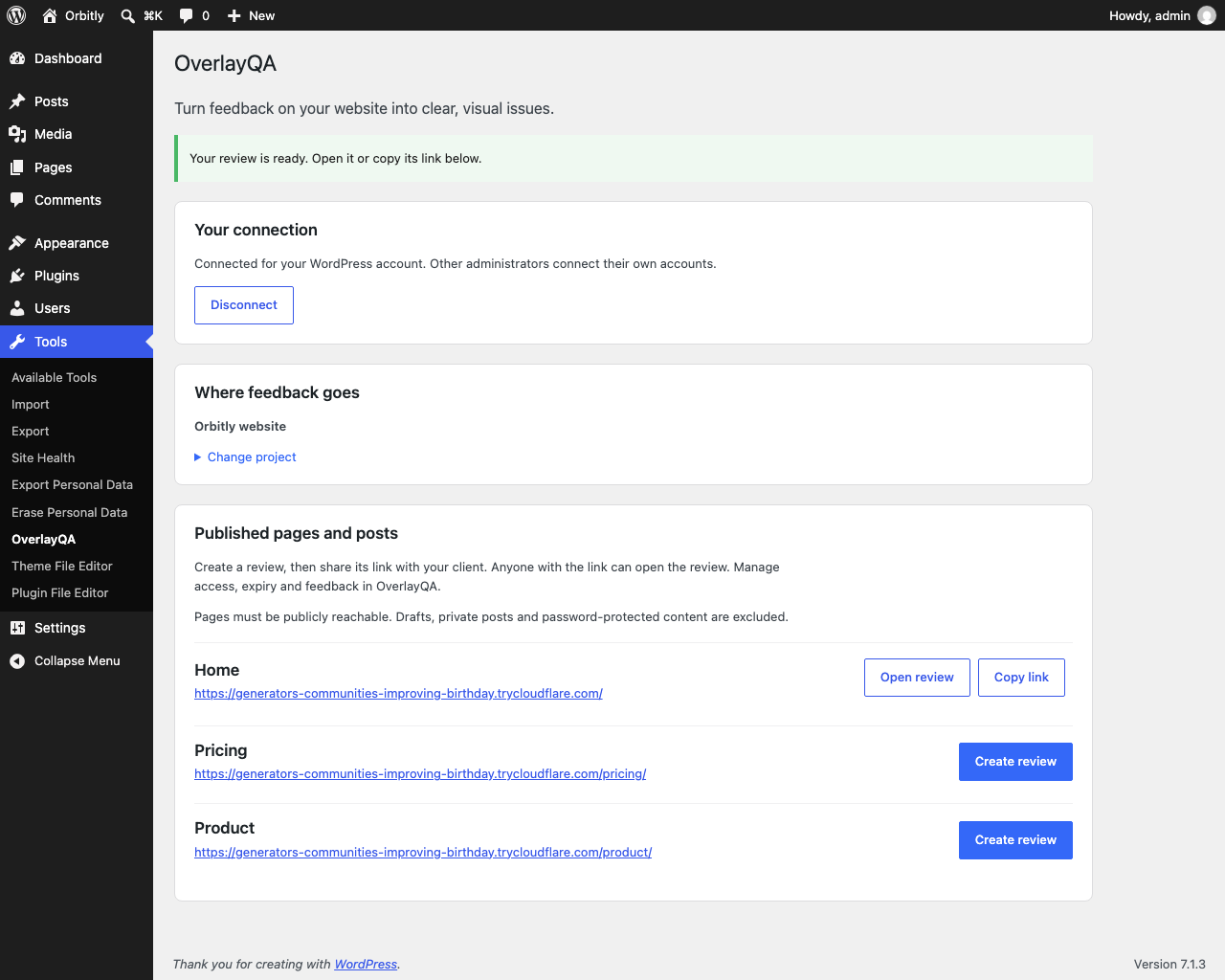 Choose the project your feedback goes to, then create a review link for any published page or post.