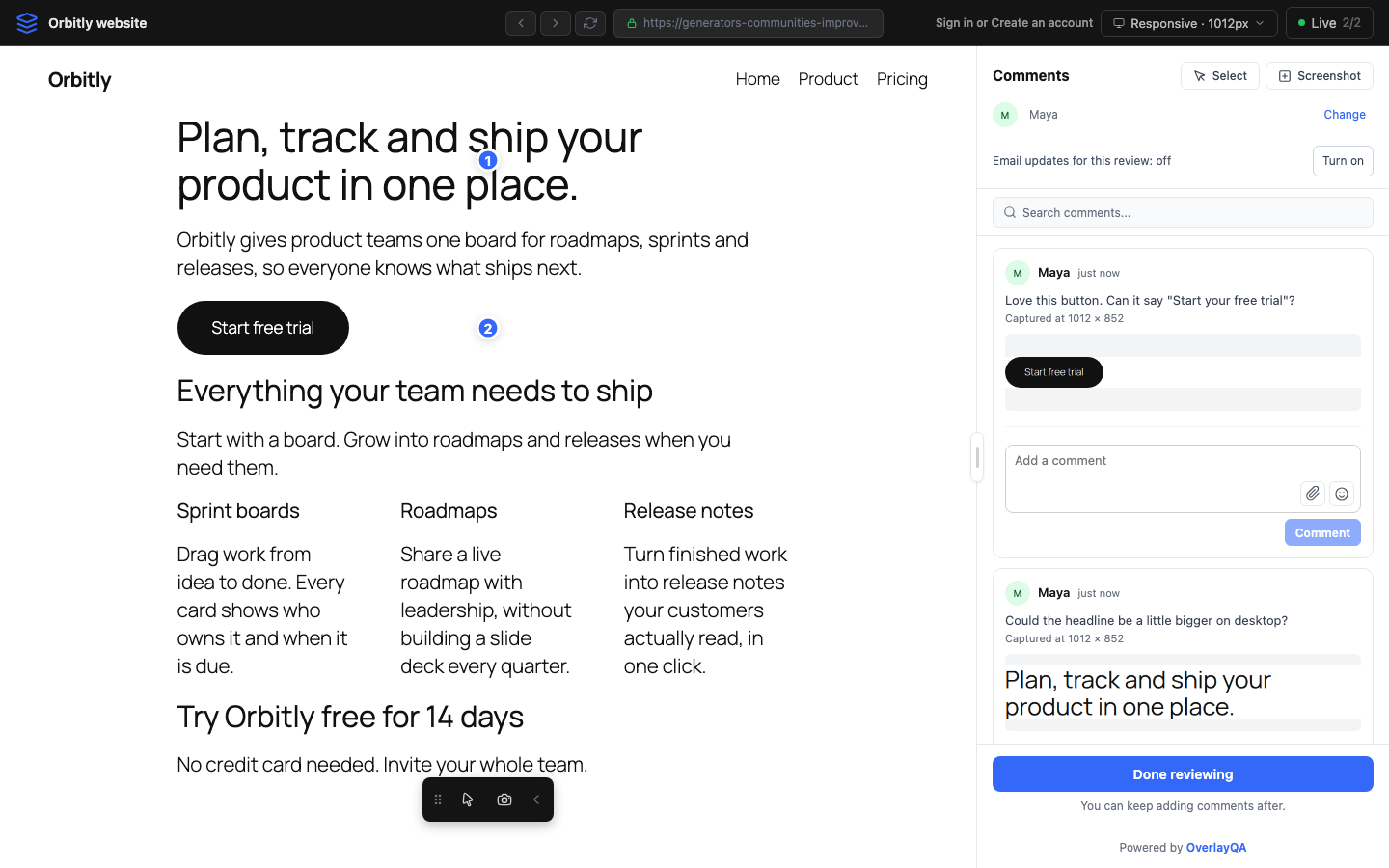 Your client opens the link, enters their name and pins comments on the live page.