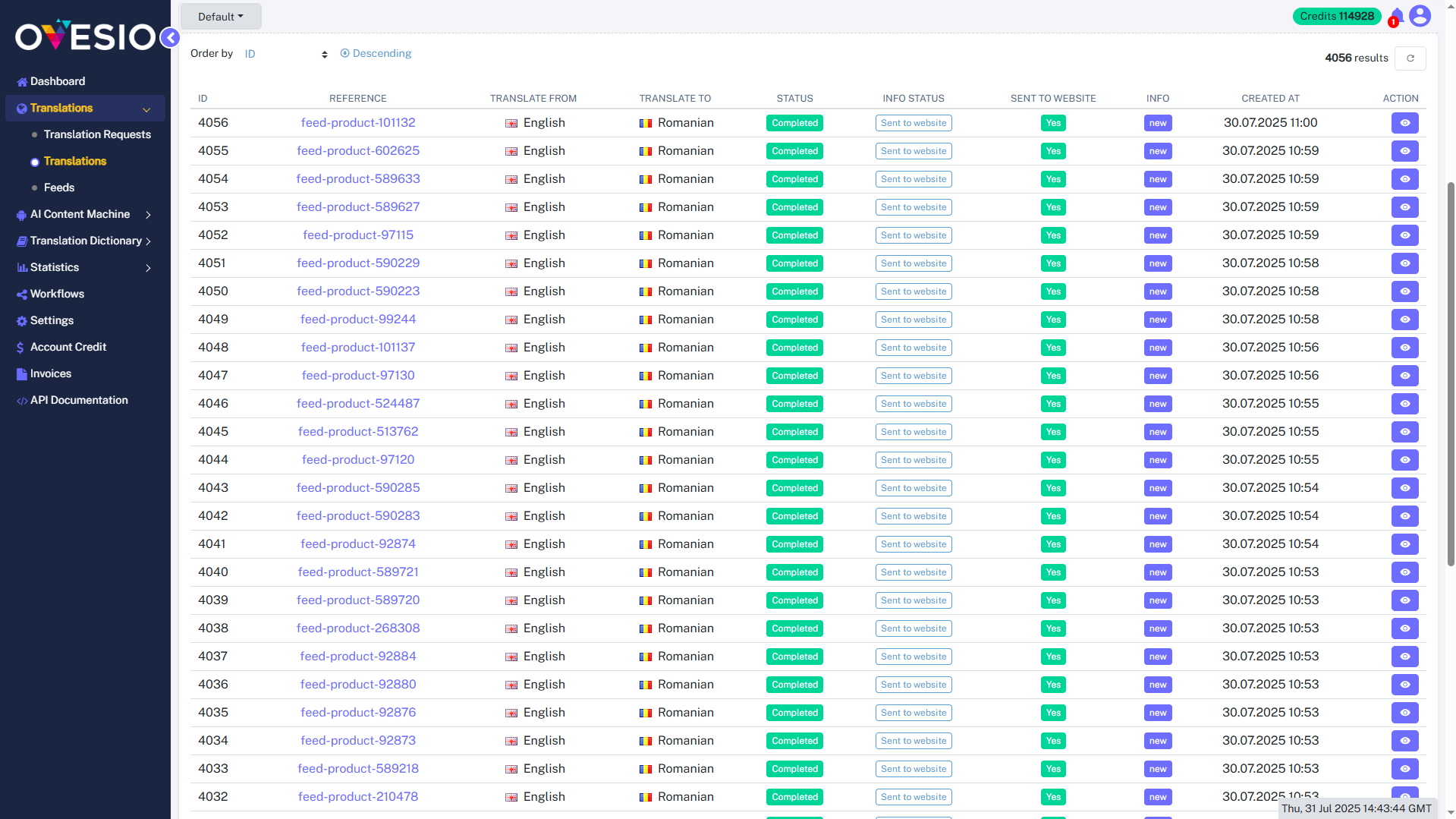 Ovesio AI's Translations List