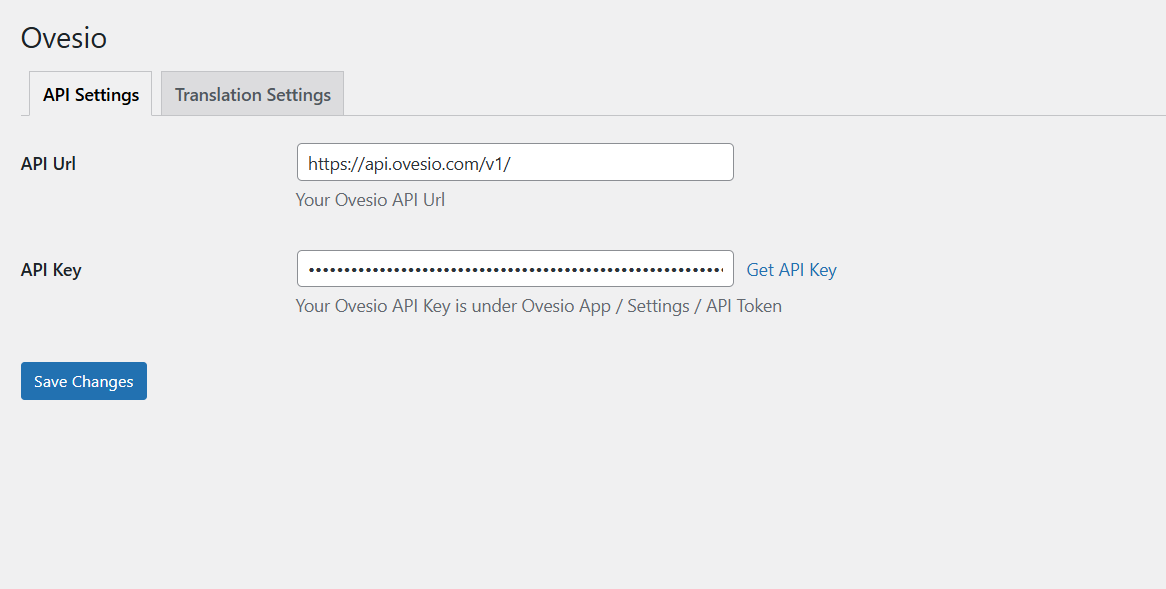 Ovesio WP Plugin API Settings
