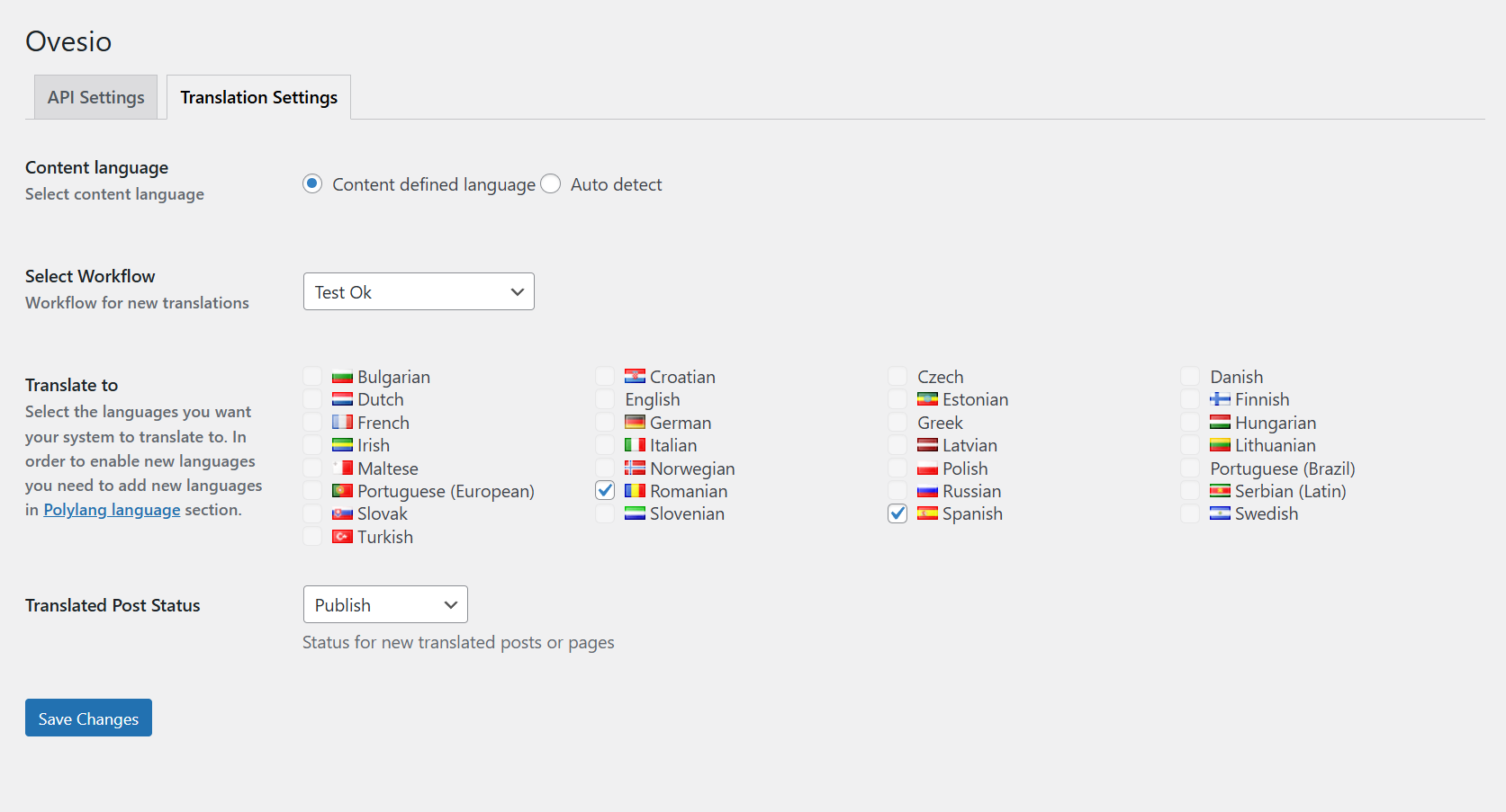 Ovesio WP Plugin Translation Settings