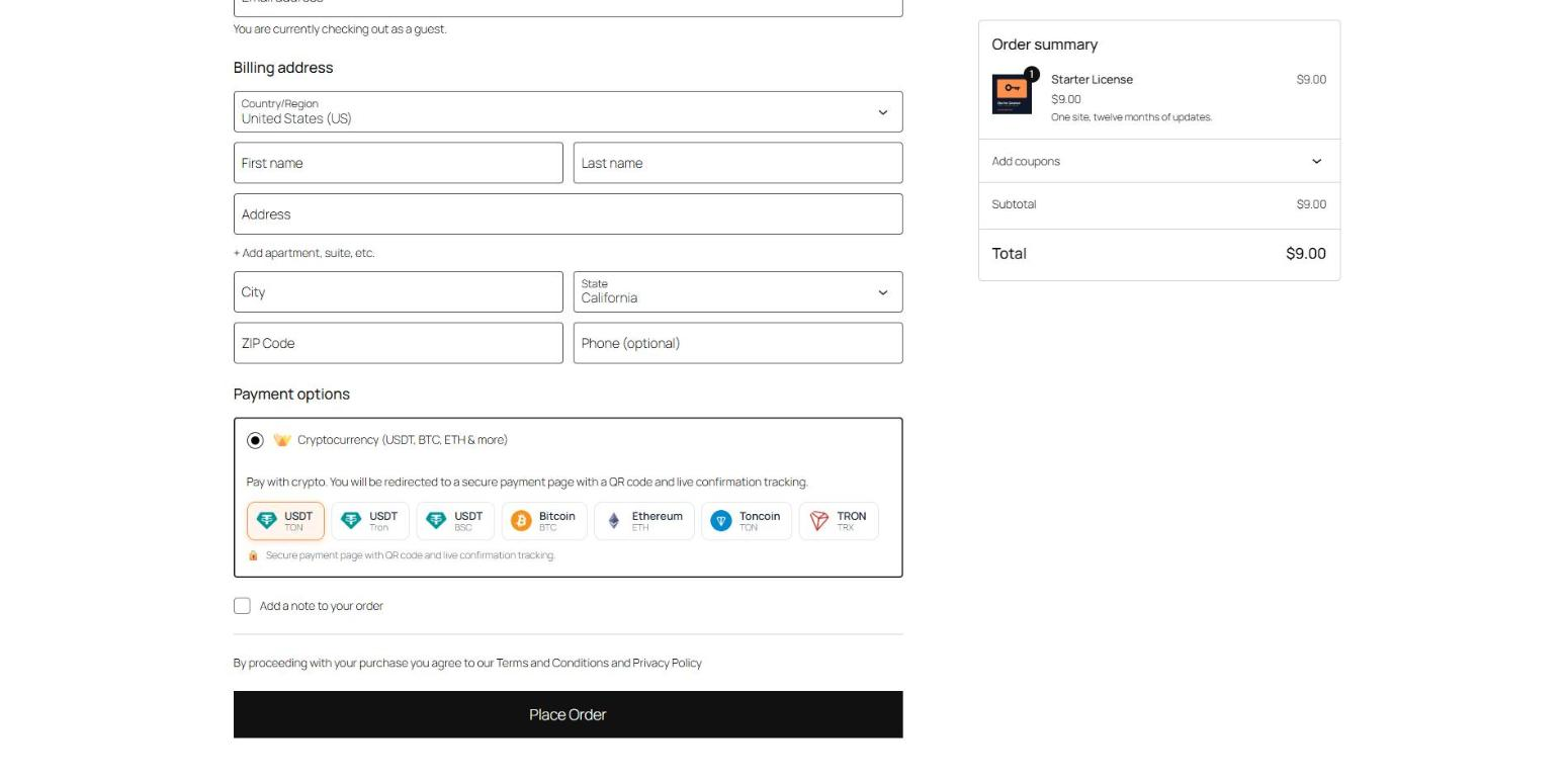 The coin picker at checkout. Customers choose "Cryptocurrency" and pick one of the coins you offer.
