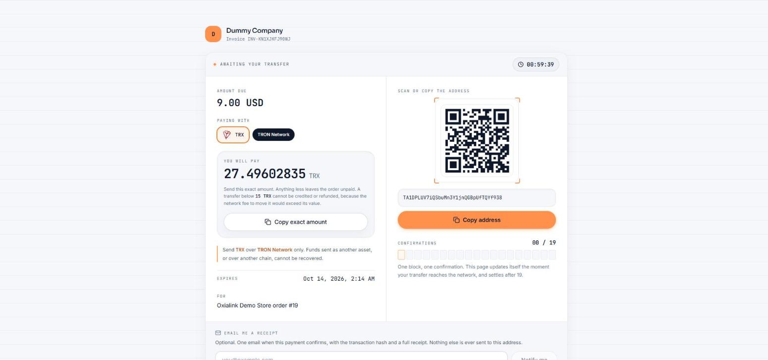 The hosted payment page: exact amount, QR code, address, and a live confirmation count.
