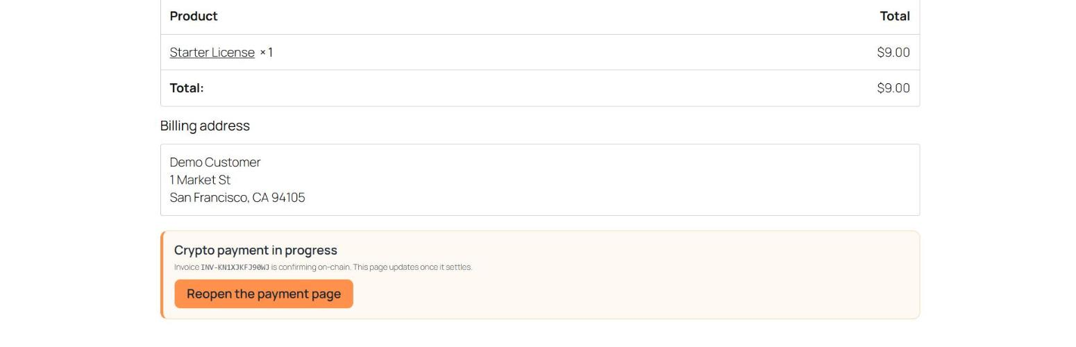 The thank-you page while the payment confirms on-chain, with a link back to the payment page.