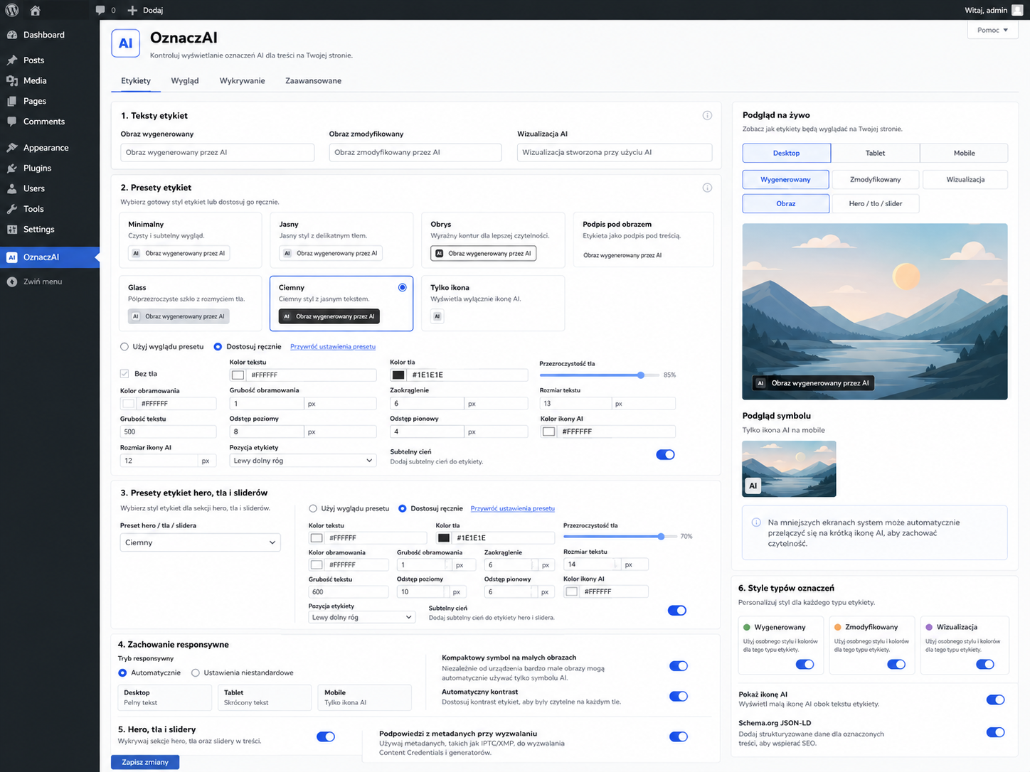 Configure label presets, custom styling, hero and slider labels, and live preview.