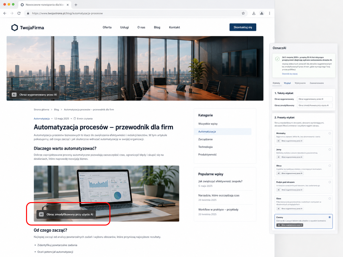 Visible AI disclosure labels on a real website, including hero images and images inside page content.