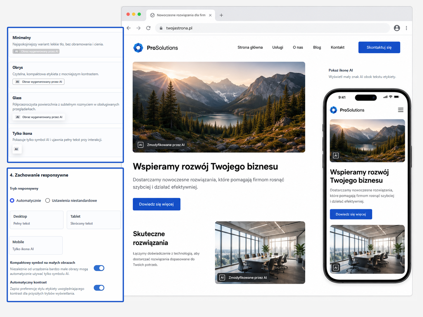 Responsive AI labels automatically adapt between full text and a compact AI symbol on smaller screens.