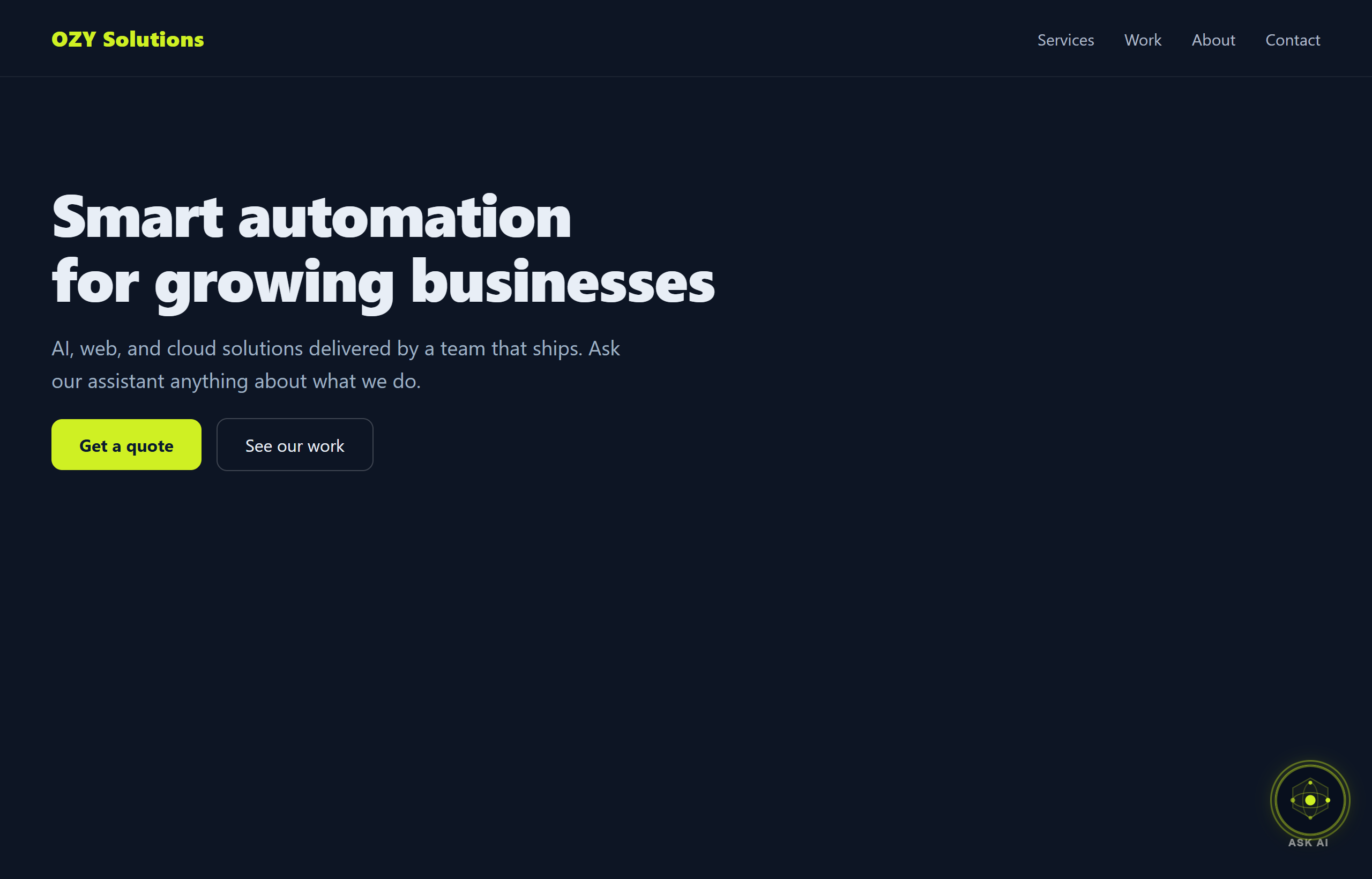 Floating "Ask AI" button with animated orbital ring, shown on a live site
