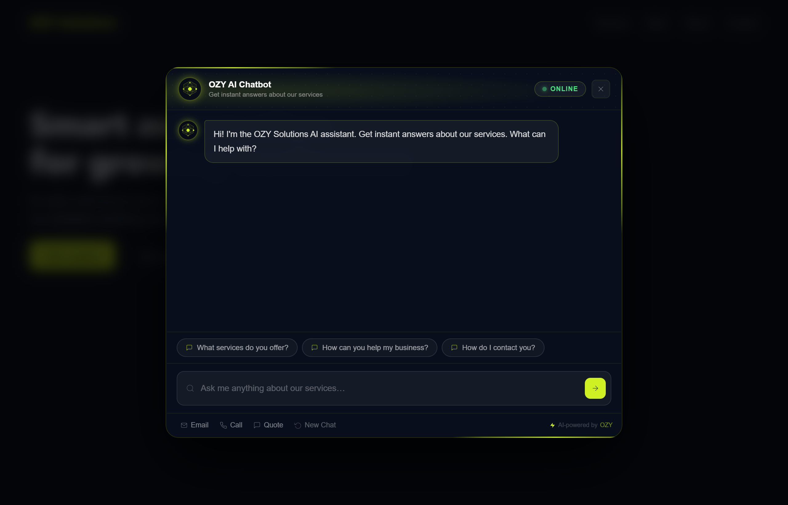 Welcome screen with quick-question pills, ready for the visitor's first question