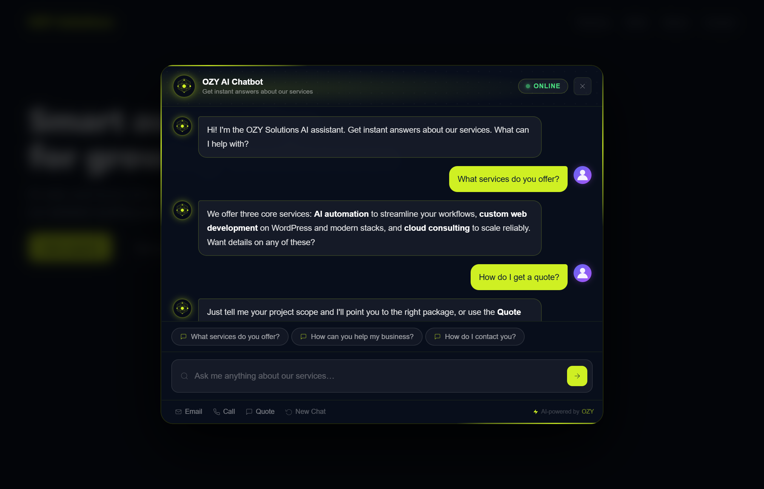 Chat popup answering questions in a live, streaming-style conversation