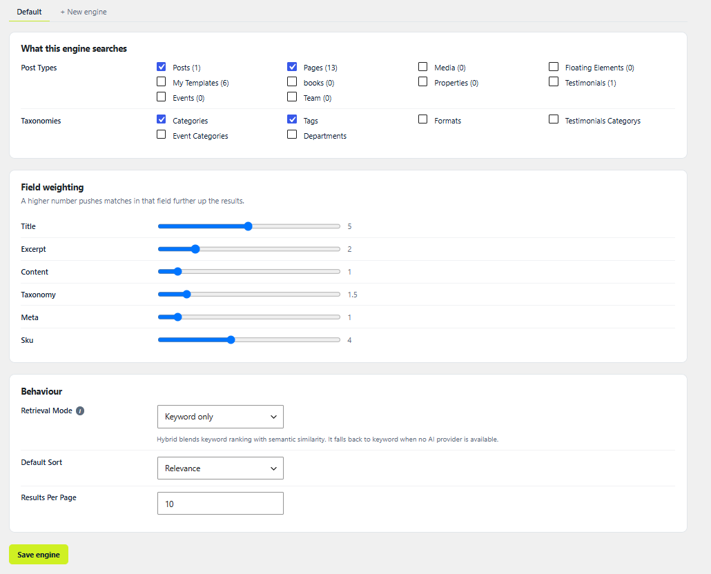 Search engine settings: what gets searched, per-field weighting and retrieval behaviour