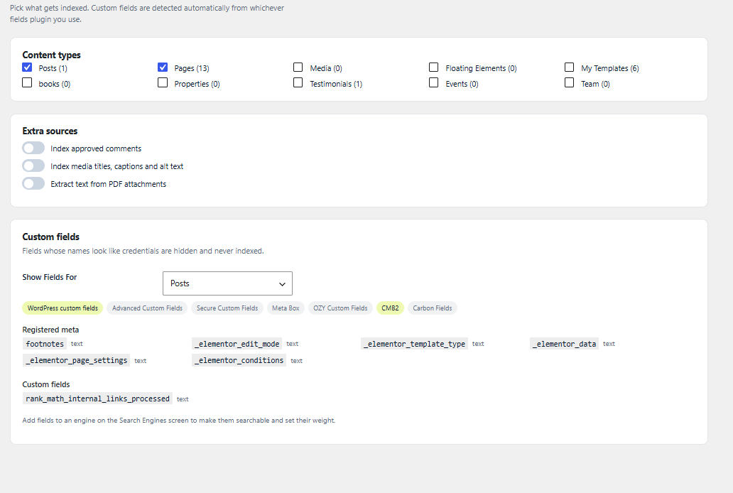 Content sources, with custom fields detected from whichever fields plugin the site uses