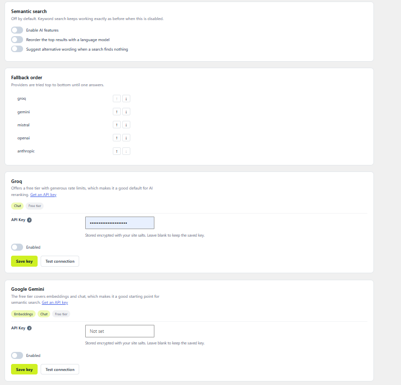 AI providers and their fallback order. Semantic search stays off until a key is added