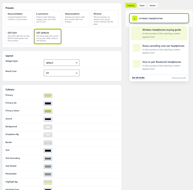 The Design Studio: presets, colour controls and a live preview