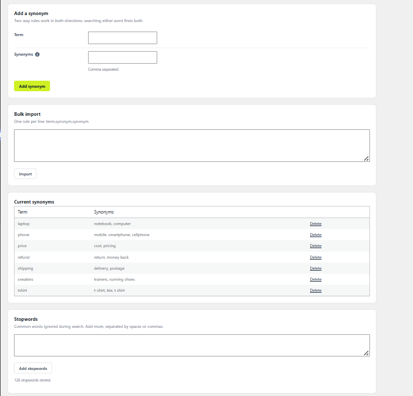 Synonyms, bulk import and stopwords