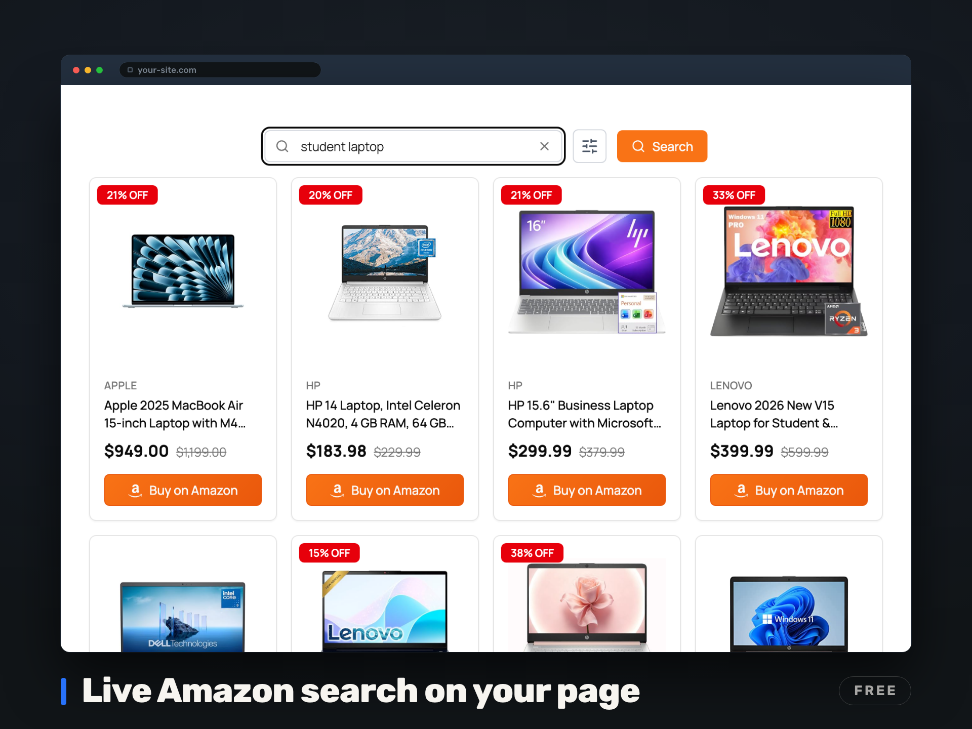 Live Amazon search on your own page: your visitor types a query and the results land on your site instead of Amazon's. Free. Product prices show when the plugin is connected with your own approved Amazon API keys.
