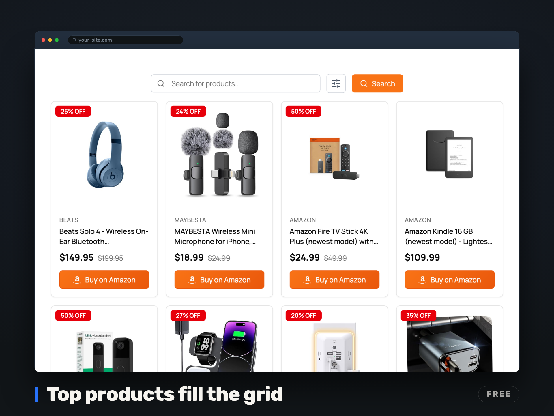 The top products grid fills itself, so nobody sits there picking products by hand. Free, including the discount badges and struck-through prices.