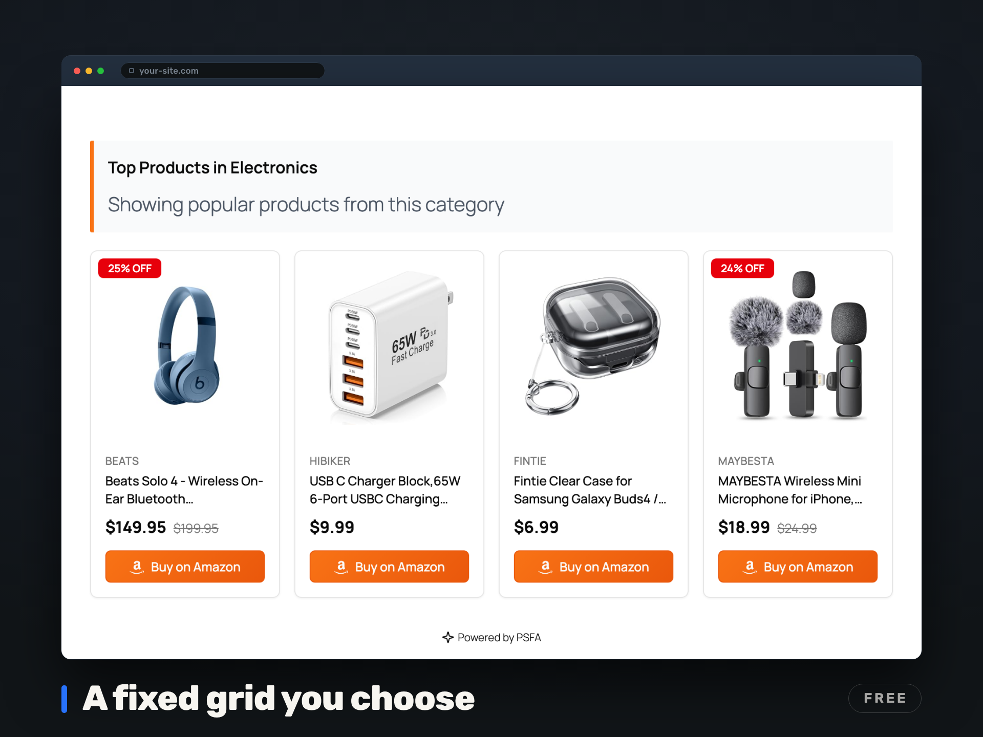 A fixed grid instead: four products, no search box, no filters, no pagination. Free.