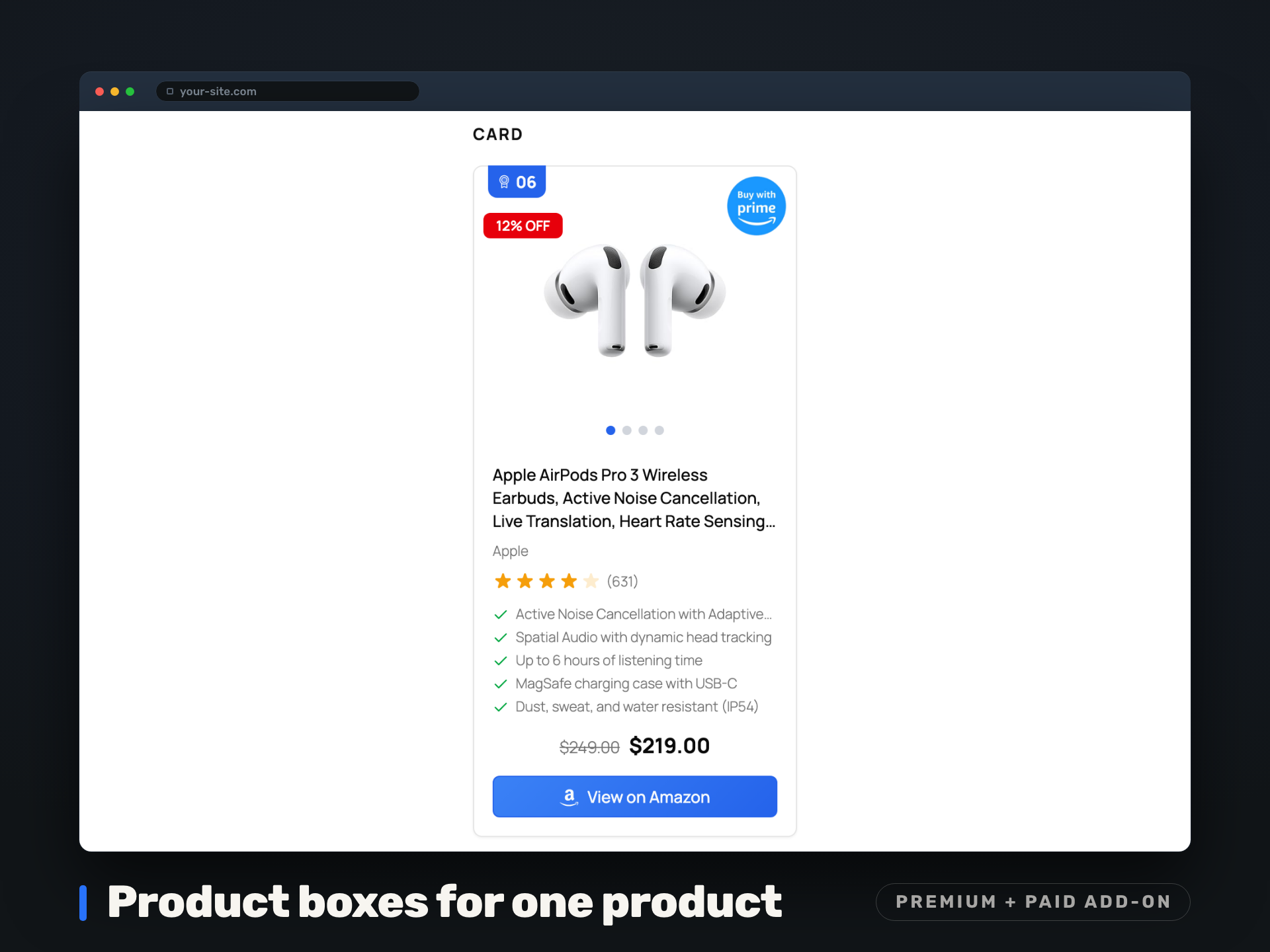 One product in a box of its own, dropped into a post wherever it belongs rather than in a grid. Product Boxes is a paid add-on and needs Premium as well.