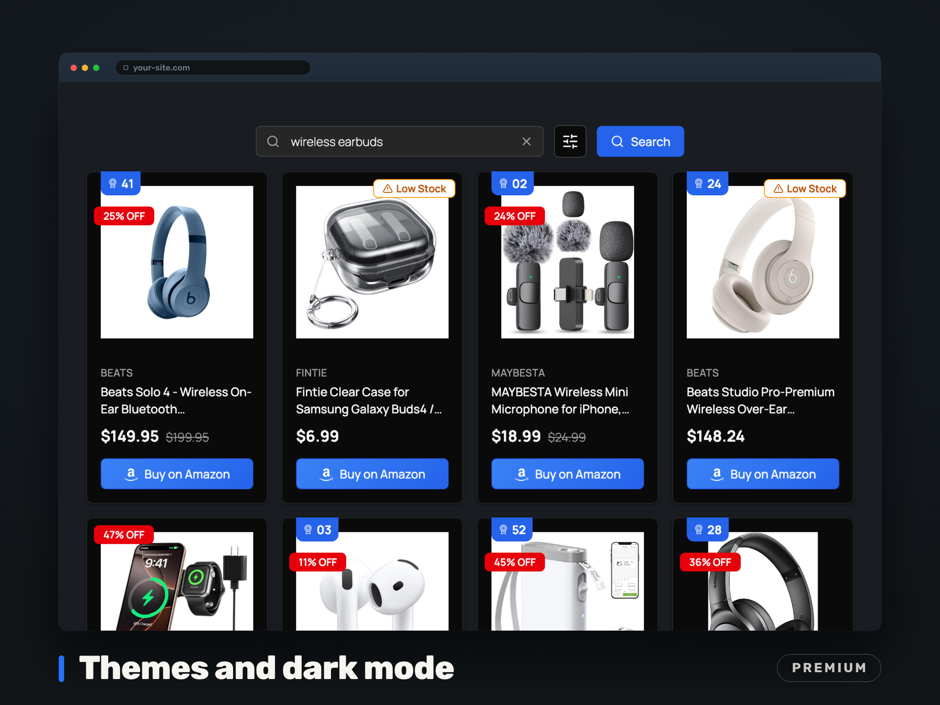 Run a dark site and the grid goes dark with it instead of glaring white. Dark mode, colors and card styles are Premium.