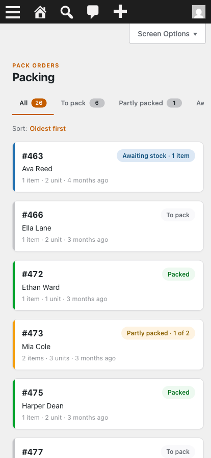 Packing list — orders that need packing, grouped by status, on mobile.